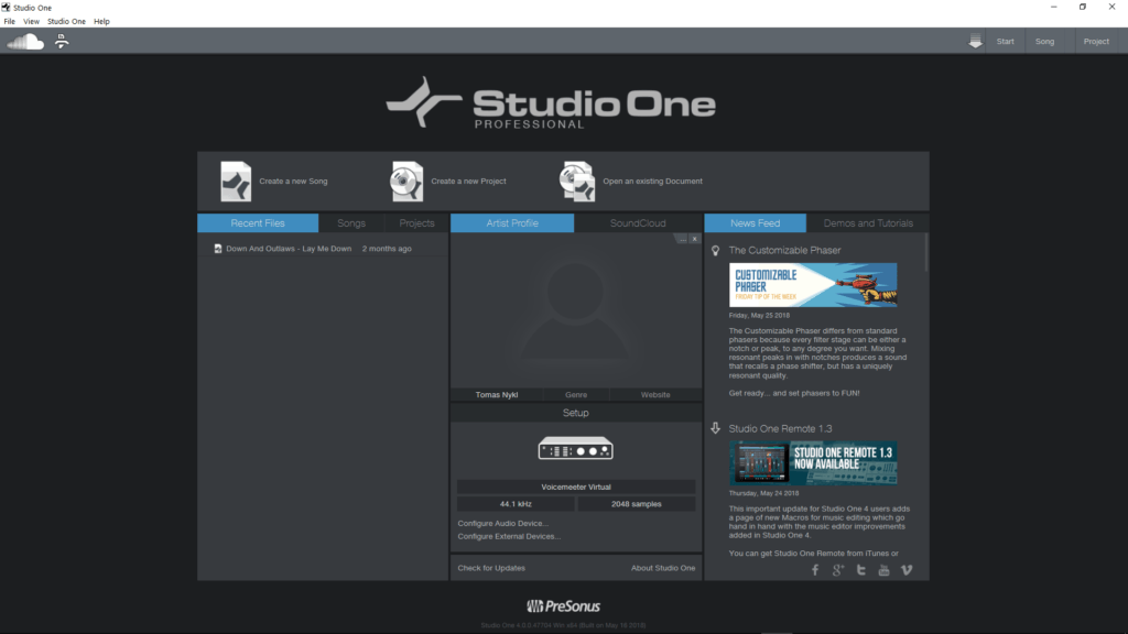 Studio One Start page